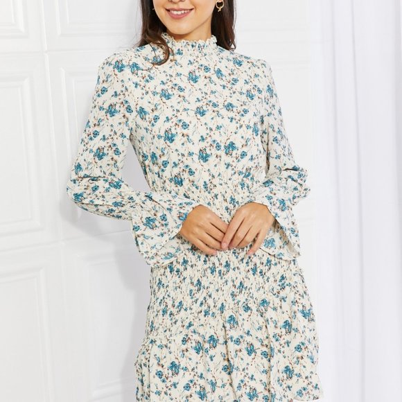 Petal Dew Meadowscape Floral Smocked Mock Neck Mini Dress - Picture 1 of 7